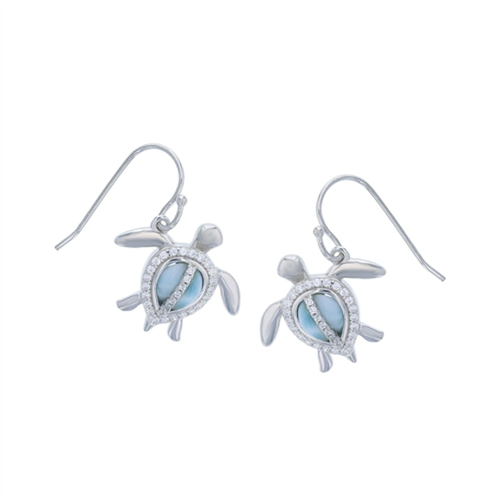 925 Sterling  Silver Larimar Round Dangling on 3x15mm Hoop Earrings Clip 4.2 gm