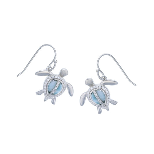 925 Sterling  Silver Larimar Turtle CZ Earrings French Wire 5.07 gm