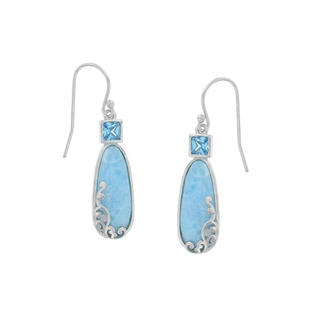925 Sterling  Silver Larimar Geometry TZ & Aqua CZ in Cutout Square Earrings