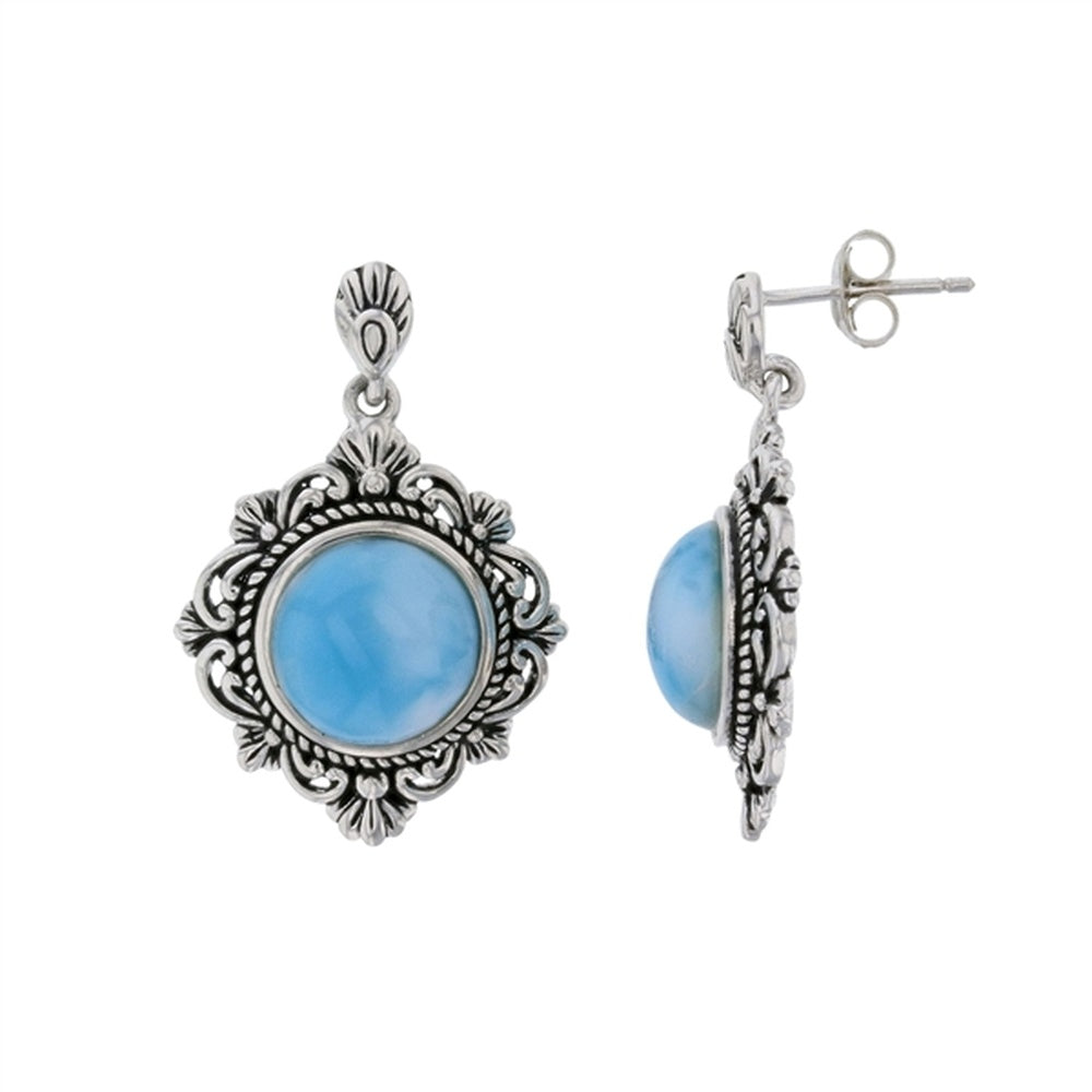 925 Sterling  Silver Larimar Oval Shape on Braided Frame Earrings Lever Back