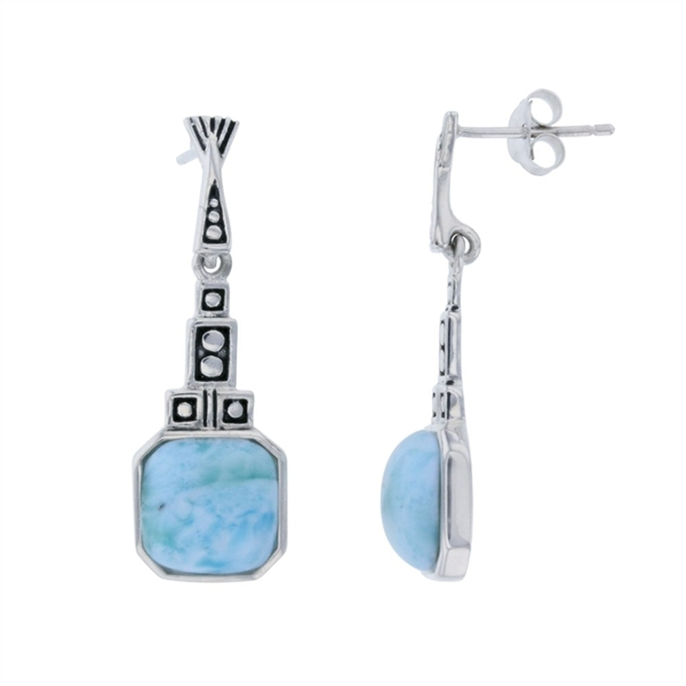 925 Sterling  Silver Larimar Round Shape on Vintage Frame Earrings Post Back