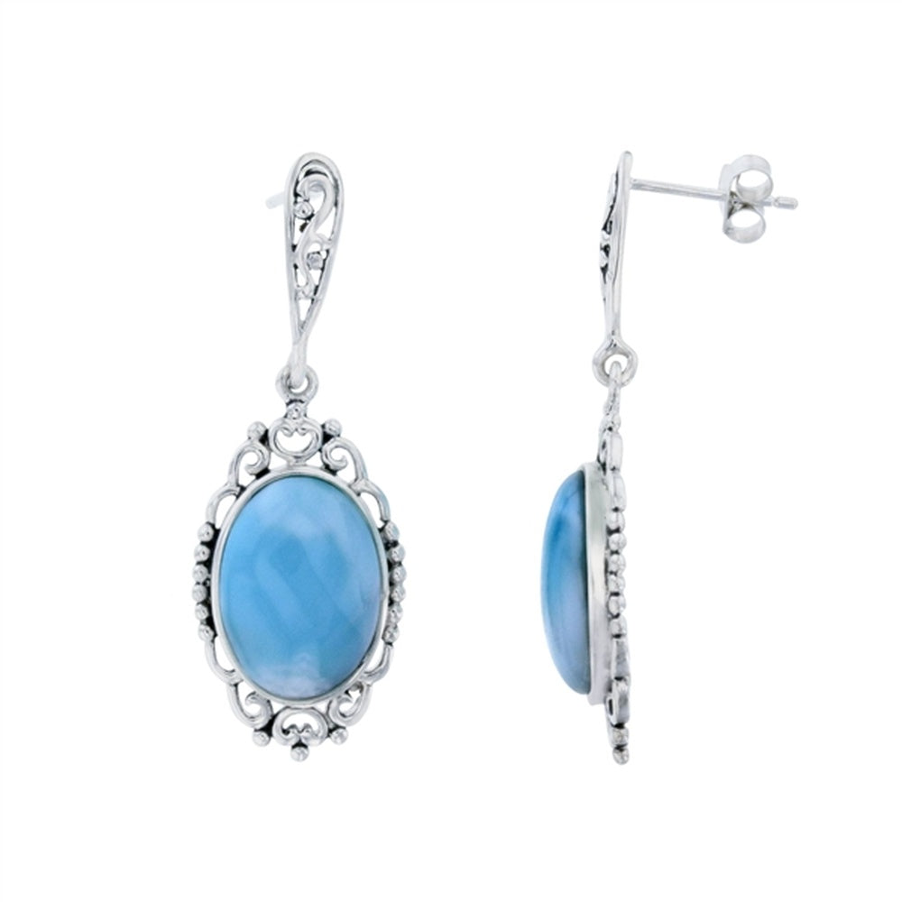 925 Sterling  Silver Larimar Cushion Shape Dot Pattern Drop Earrings Post Back