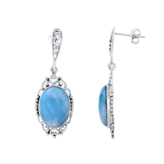 925 Sterling  Silver Larimar Oval Shape Filigree Frame Earrings Post Back