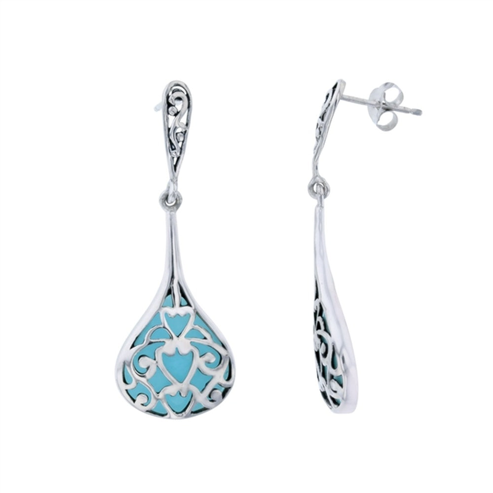 925 Sterling  Silver Larimar Oval Shape Cutout Floral Dangling Leaves Earrings
