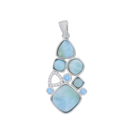 925 Sterling  Silver Larimar Geometry Shapes w Aqua & Clear CZ Pendant  3.4 gm