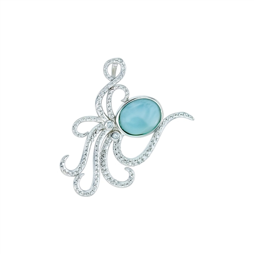 925 Sterling  Silver Larimar Oval 12x9mm in Open Oval Halo CZ Pendant  3.8 gm