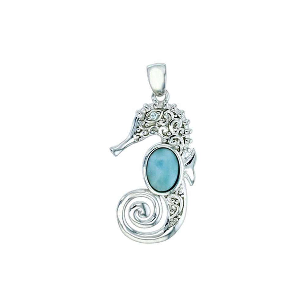 925 Sterling Silver Larimar Oval Shape Starfish, Aqua CZ Cutout Teardrop Pendant