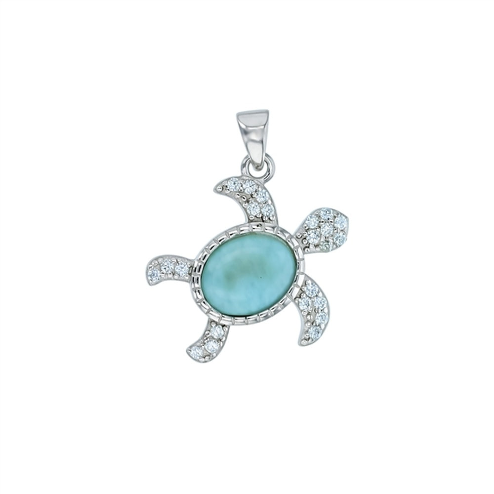 925 Sterling  Silver Larimar Teardrop Shape with Round Aqua Bezel CZ Pendant