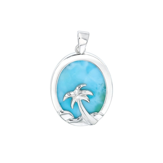 925 Sterling  Silver Larimar Palm Tree in Oval Frame Pendant  5 gm