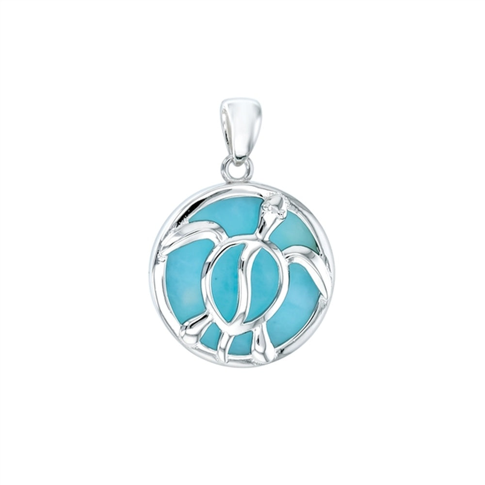 925 Sterling  Silver Larimar Turtle Family in Circle Pendant  4 gm