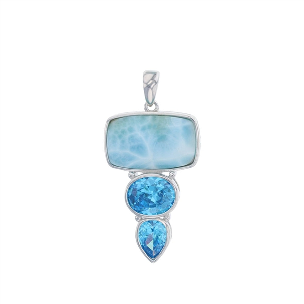 925 Sterling  Silver Larimar Freeform on Swirl Frame w Square Aqua CZ Pendant