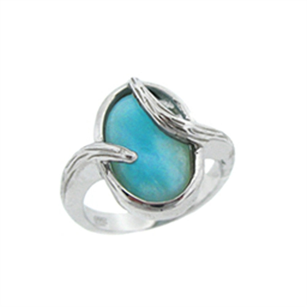 925 Sterling  Silver 10x7mm Oval Larimar 2Band Ring  3 gm