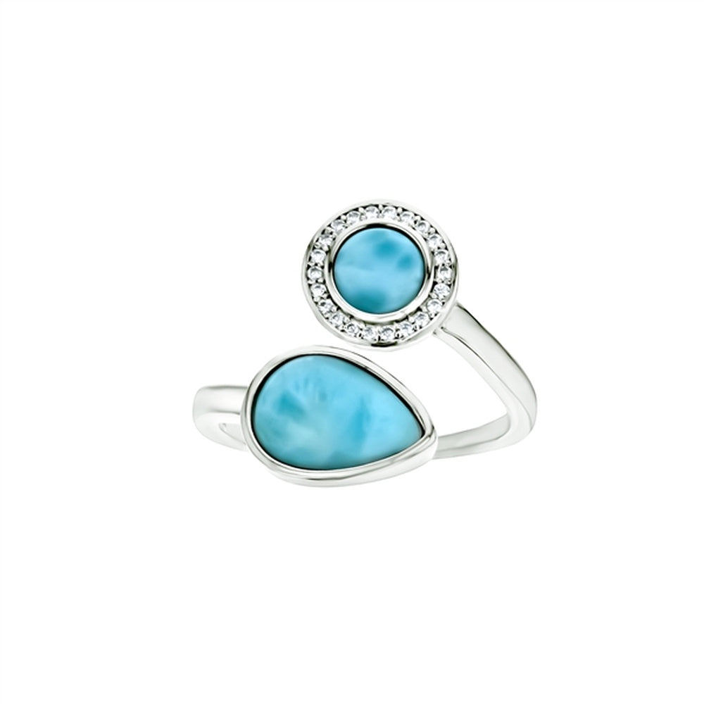 925 Sterling  Silver Larimar 11mm Round & Oval Halo CZ Crossover Ring  4.28 gm
