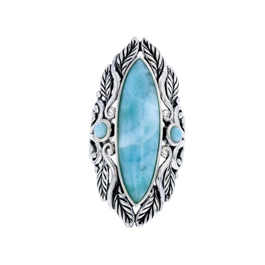 925 Sterling  Silver Larimar Long Marquise Leaves Pattern Vintage Ring  8.9 gm