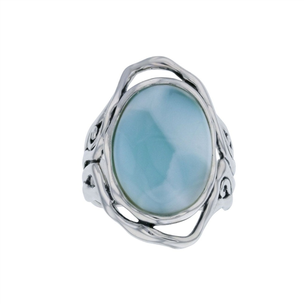 925 Sterling  Silver Larimar Round Shapes w Leaves & Scroll Vintage Ring  9.5 gm