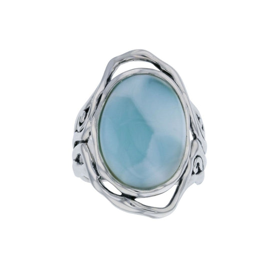 925 Sterling  Silver Larimar Oval Shape on Wavy Frame Ring  8.5 gm