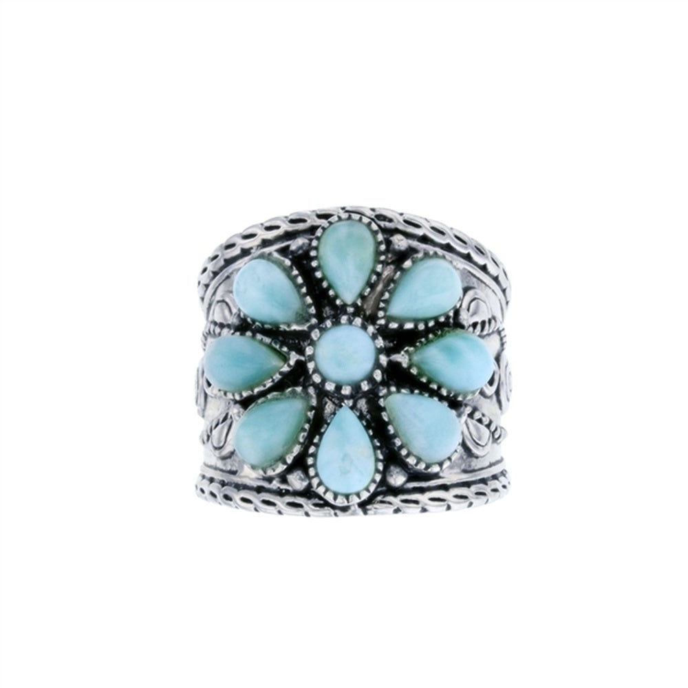 925 Sterling  Silver Larimar Oval Shape on Wavy Frame Ring  8.5 gm