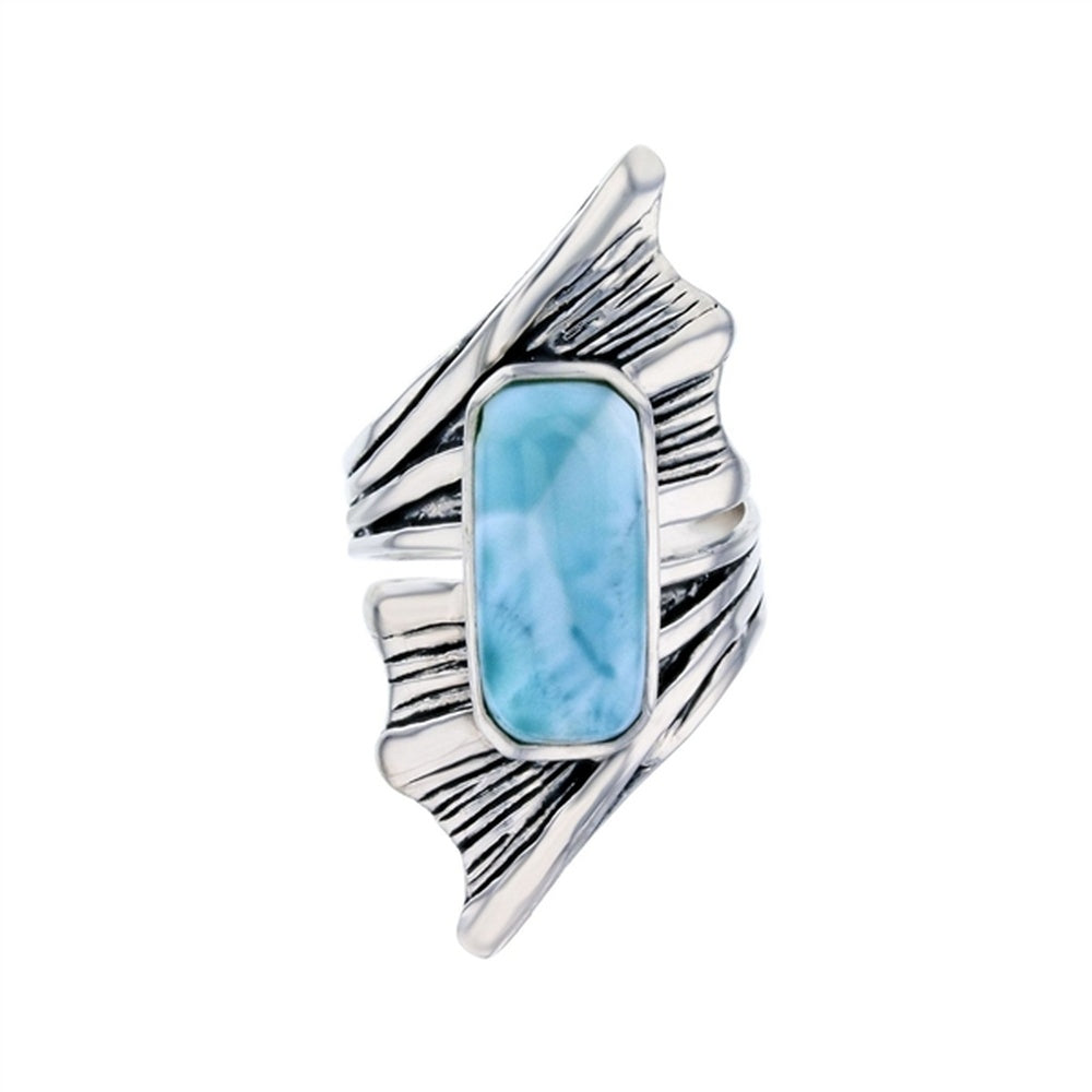 925 Sterling  Silver Larimar Flower Shape Wide Band Vintage Ring  8.9 gm