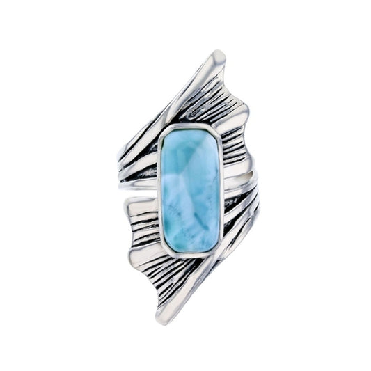 925 Sterling  Silver Larimar Rectangular Shape on Textured Crossover Ring
