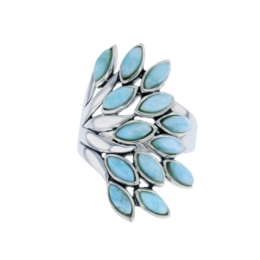 925 Sterling  Silver Larimar Rectangular Shape on Textured Crossover Ring
