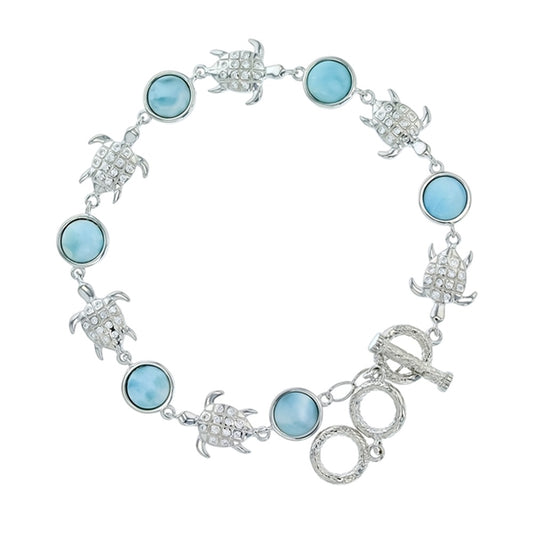 925 Sterling Silver Larimar 6 Round 7mm Sea Turtle CZ Link Toggle Bracelet 8.25"