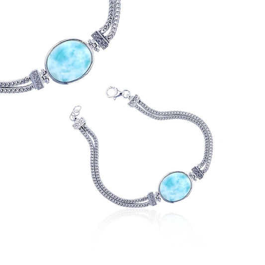 925 Sterling  Silver Larimar Oval 2 Strand Toggle Bracelet 8" Toggle 10.99 gm