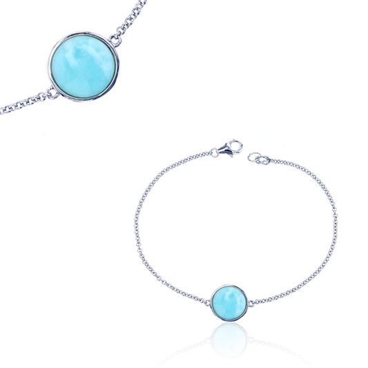 925 Sterling  Silver Larimar Round Shape with Cable Chain Bracelet 7.5"