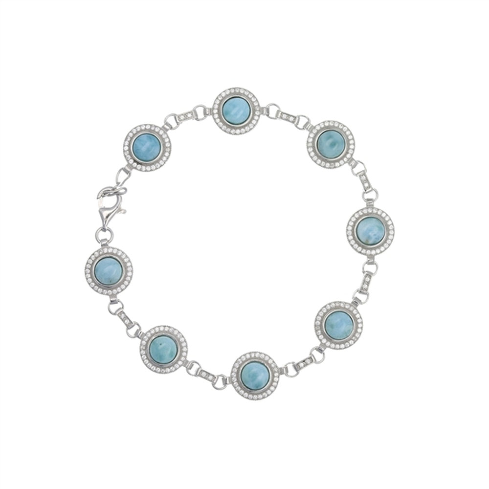 925 Sterling  Silver Larimar Round Shape with Cable Chain Bracelet 7.5"