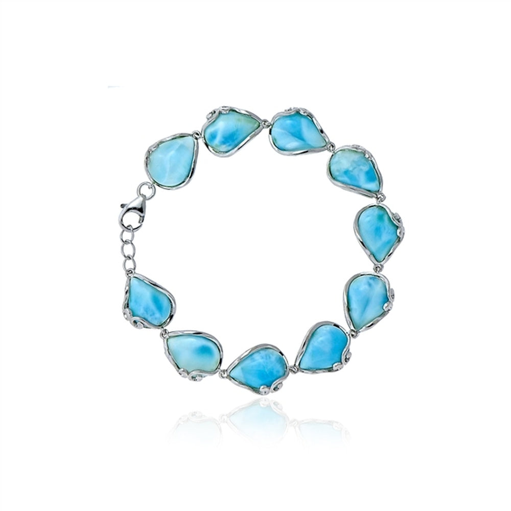 925 Sterling  Silver Larimar 3 Stone Bracelet 7"+1" Pear Shape Lock 11.17 gm