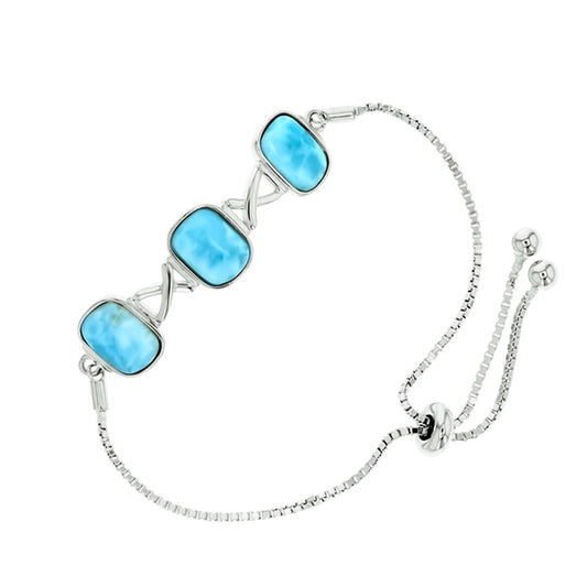925 Sterling  Silver Larimar 3 Rectangle with X-Shape Adjustable Bracelet 9"