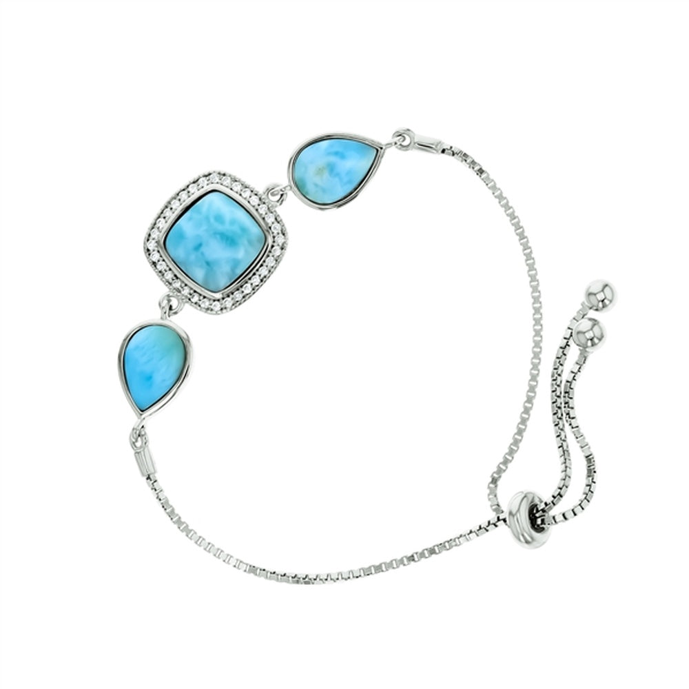 925 Sterling  Silver Larimar 3 Rectangle with X-Shape Adjustable Bracelet 9"