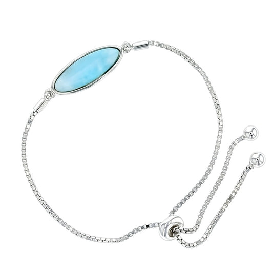 925 Sterling  Silver Larimar Oval Inlay Adjustable Bracelet