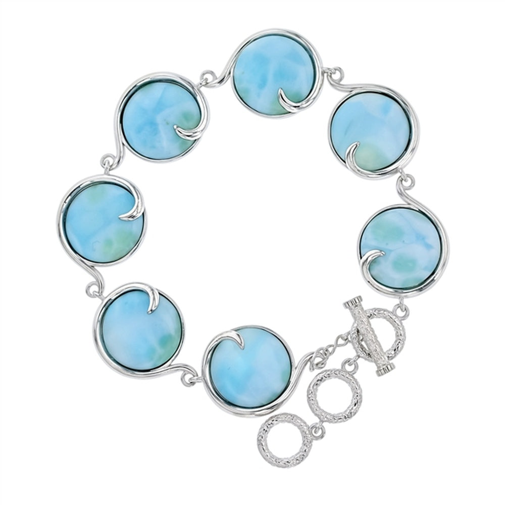 925 Sterling  Silver Larimar Oval w Trillion Dark Aqua CZ Toggle Bracelet 8.75"