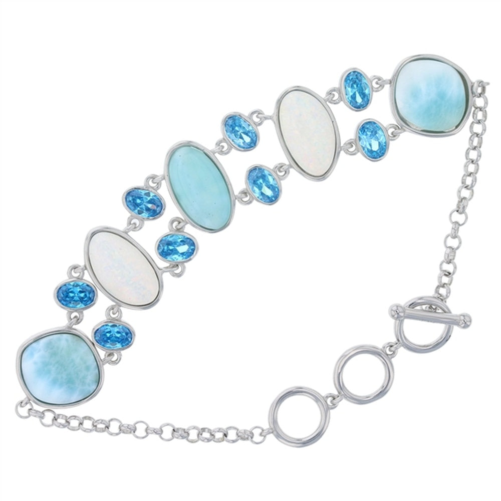 925 Sterling  Silver Larimar Triple Square Framed w 2 Strand Toggle Bracelet
