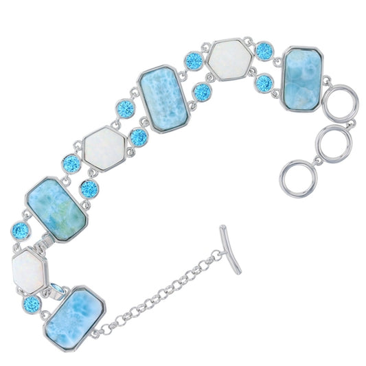 925 Sterling Silver Larimar Vintage Freeform White Opal, Aqua CZ Toggle Bracelet