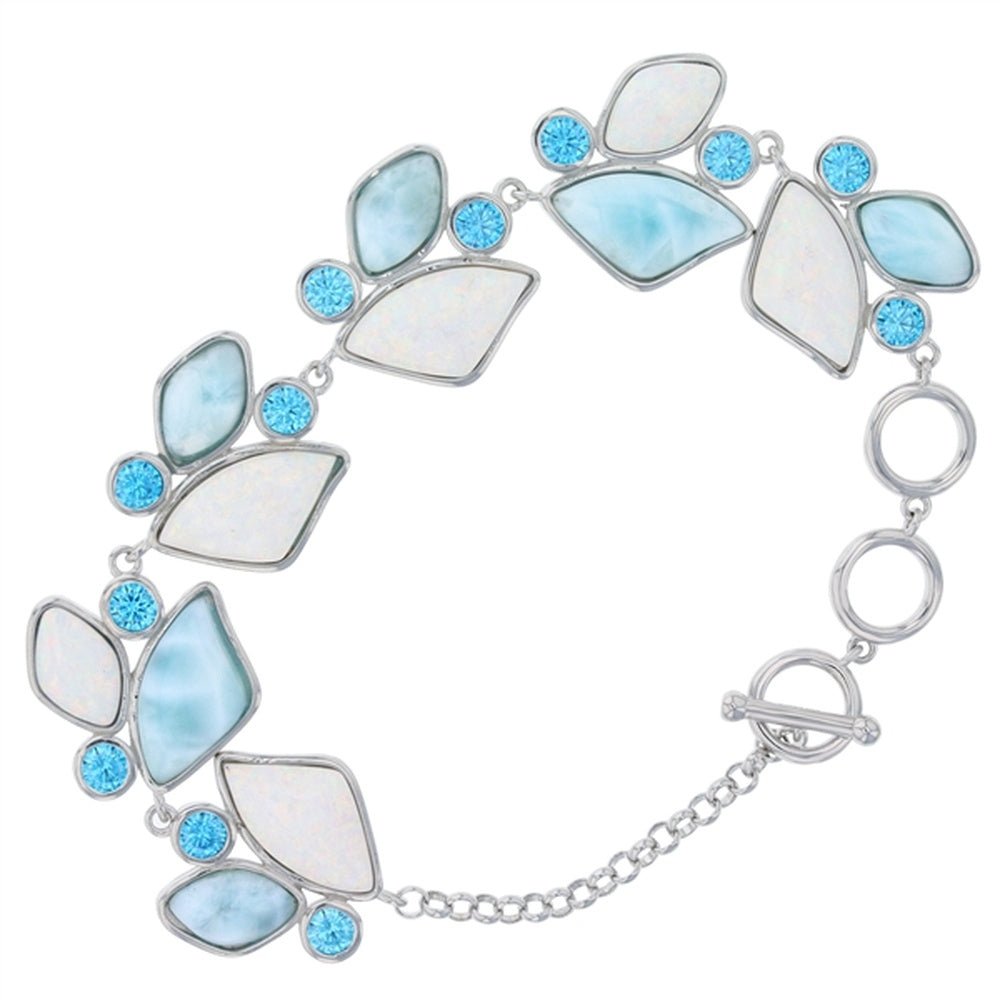 925 Sterling Silver Larimar Vintage Freeform White Opal, Aqua CZ Toggle Bracelet