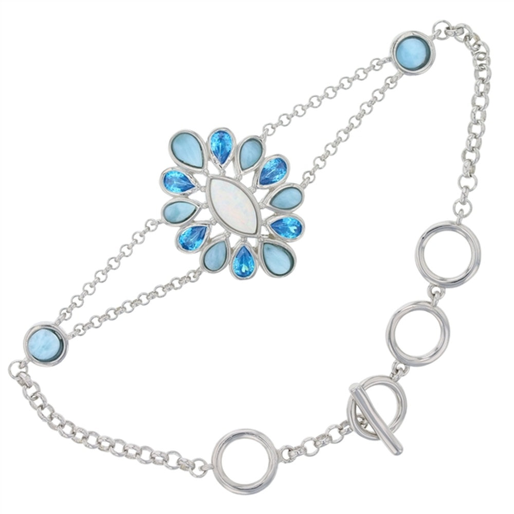 925 Sterling Silver Larimar Vintage Freeform White Opal, Aqua CZ Toggle Bracelet