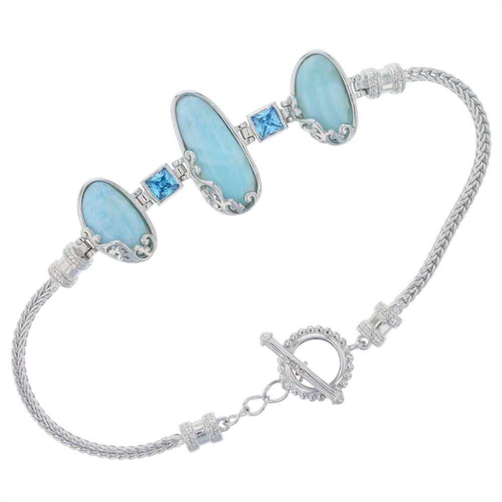 925 Sterling Silver Larimar Oval Shape w Seahorse and Aqua CZ Toggle Bracelet 8"