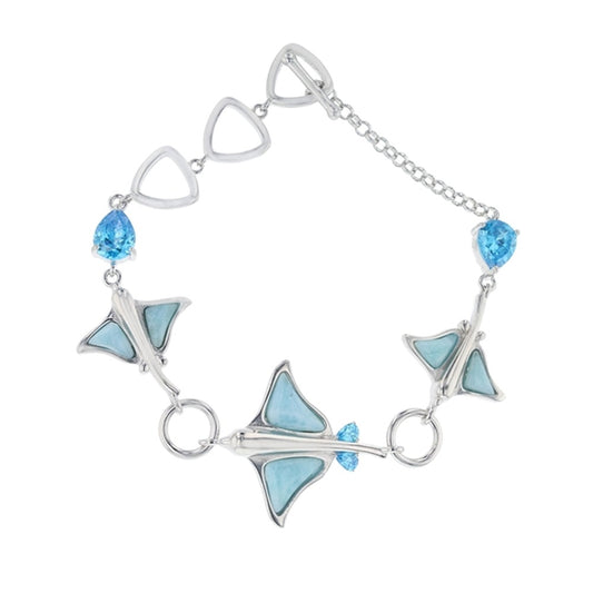 925 Sterling  Silver Stingray w Aqua CZ Toggle Bracelet 8" Toggle 17.6 gm