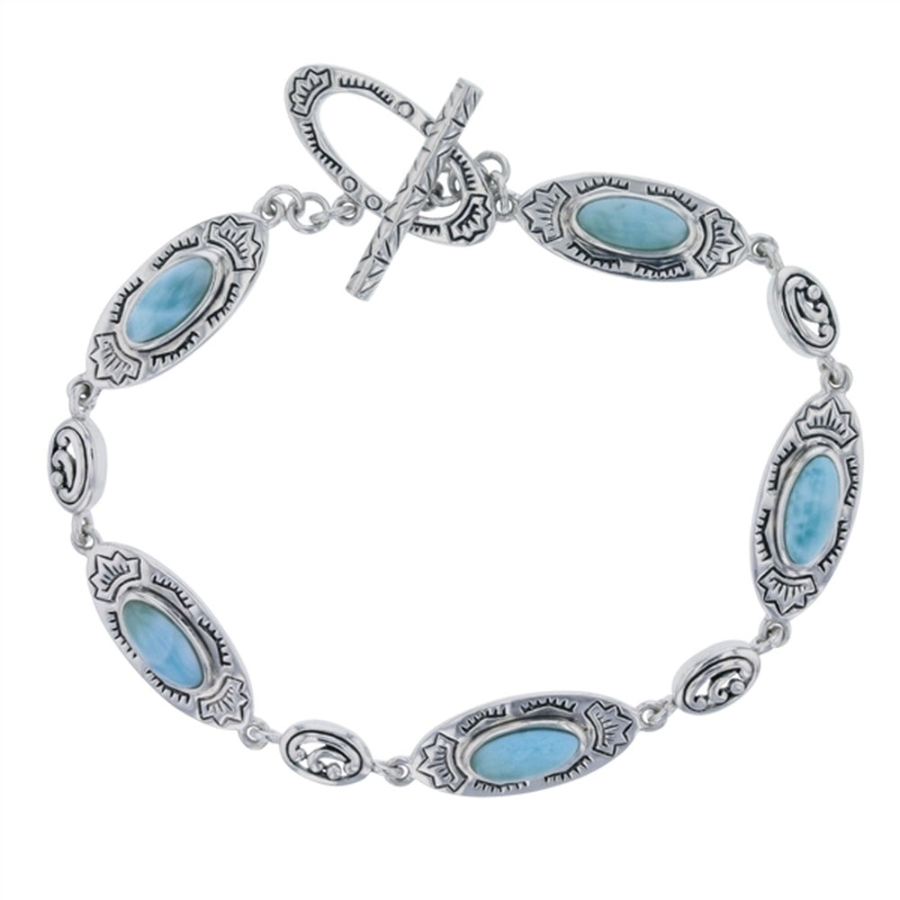 925 Sterling  Silver Larimar Turtle with Scroll Design Toggle Bracelet 8"