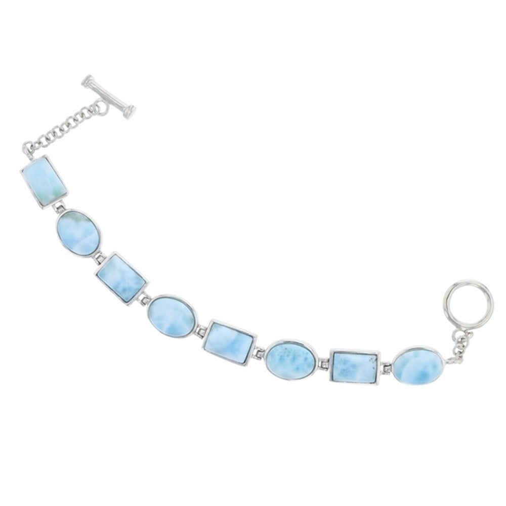 925 Sterling  Silver Larimar Oval Shape Line Art Filigree Link Bracelet 7.5"