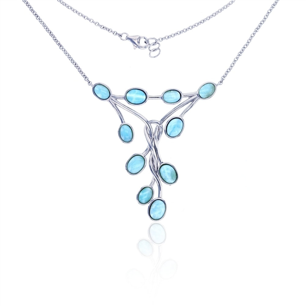 925 Sterling  Silver Cushion Larimar Curve Bar Necklace 17.5"+0.75"