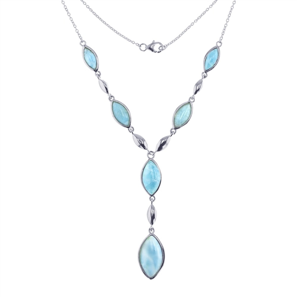 925 Sterling  Silver Long Rectangular Larimar CZ Side Necklace 17.5"+0.75"