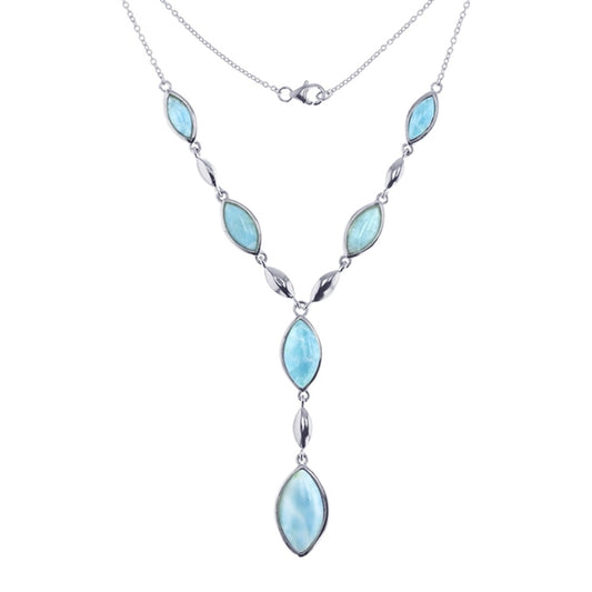 925 Sterling  Silver Long Rectangular Larimar CZ Side Necklace 17.5"+0.75"