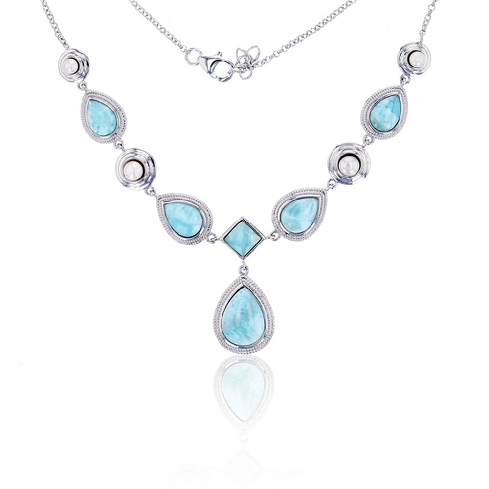 925 Sterling  Silver 6 Marquise Shape Larimar Drop Necklace Lobster Lock 23.1 gm