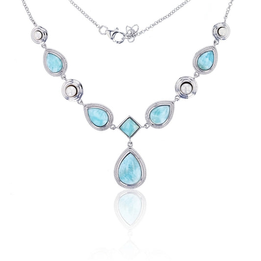 925 Sterling  Silver 6 Marquise Shape Larimar Drop Necklace Lobster Lock 23.1 gm