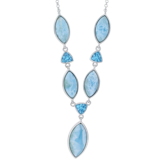 925 Sterling  Silver Larimar Marquise & Oval Disc Necklace 18"+2"