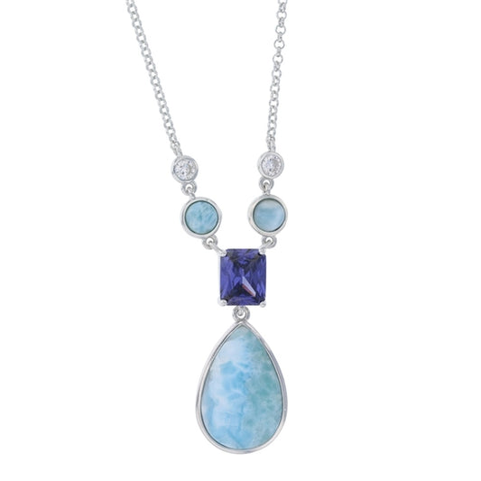 925 Sterling Silver Larimar Marquise Shape 6mm Trillion Aqua CZ Necklace 16"+2"