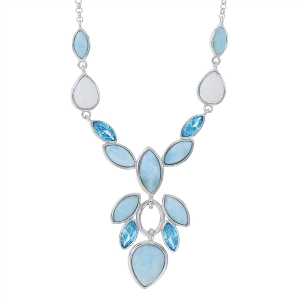 925 Sterling Silver Larimar Teardrop, Round Emerald Tanzanite CZ Necklace 16"+2"