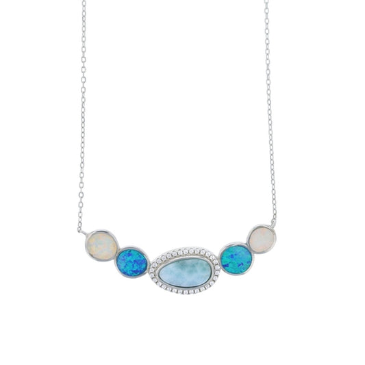 925 Sterling Silver Larimar Marquise, Teardrop White Opal, AQ CZ Necklace 16"+2"